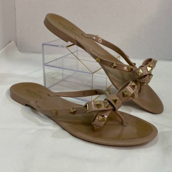 Valentino Garavani Rockstud Bow Jelly Thong Flip Flop Sandals Nude Beige 39 - Picture 14 of 15